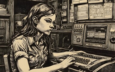 stylized drawing of a girl working at a laptop, 1930s, black and white art generated in AI
