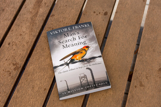 Close-up Viktor E Frankl's Man's Search For Meaning book on a wooden table.