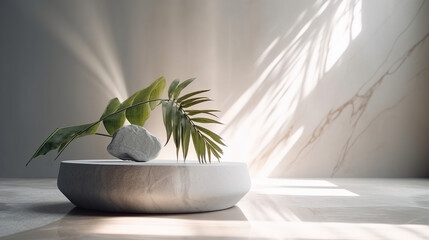 Minimal, modern white marble stone counter table, tropical tree in sunlight, leaf shadow on concrete texture wall background for luxury fresh organic cosmetic, skincare, beauty treatment product 3D