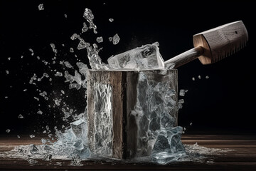 Naklejka na ściany i meble An image of a hammer shattering a block of ice, surrealism - Generative AI
