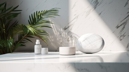 Minimal, modern white marble stone counter table, tropical tree in sunlight, leaf shadow on concrete texture wall background for luxury fresh organic cosmetic, skincare, beauty treatment product 3D