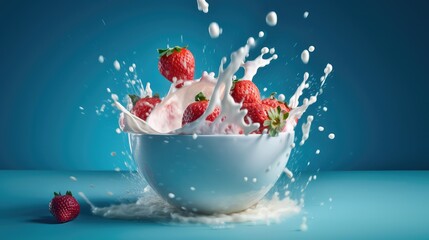 strawberries falling into a bowl of milk on a blue background. Generative AI