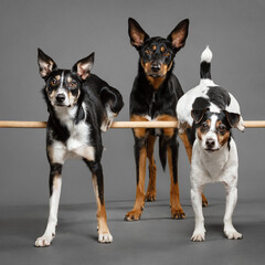Fototapeta na wymiar a group of three dogs an australian kelpie a border collie puppy and a jack russell terrier posing in the studio on a grey background on a wooden stick
