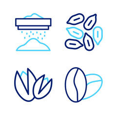 Set line Coffee beans, Pistachio nuts, Seed and Sifting flour icon. Vector