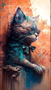 cyberpunk cat in sunglasses, high-heeled shoes, on the background of a red brick wall, bright street graffiti, vertical image, generated in AI