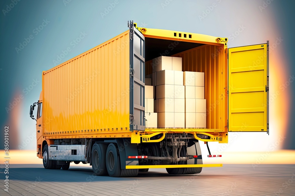 Poster Box-filled container at cargo truck for long-distance transportation, created with generative ai