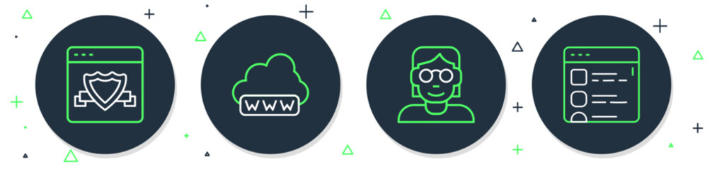 Set line Web development, Hacker or coder, Browser with shield and files icon. Vector
