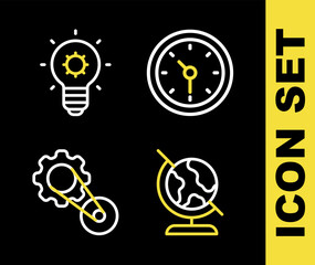 Set line Clock, Earth globe, Timing belt kit and Light bulb icon. Vector