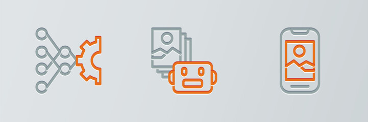 Fototapeta premium Set line Mobile phone, Neural network and Artificial intelligence robot icon. Vector