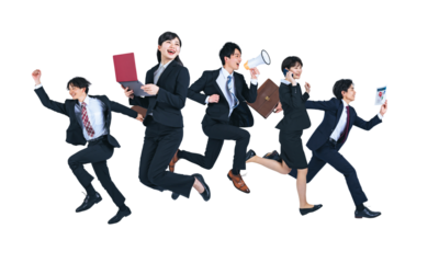 ジャンプする若いビジネスパーソンのグループ　背景透過PNG　（1人ずつのPNG画像も販売しております。作成者リンクからPNGで検索してください）