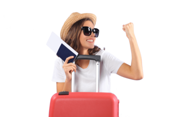 Young tourist girl in summer casual clothes, with sunglasses, red suitcase, passport isolated on purple background