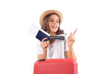 Young tourist girl in summer casual clothes, with sunglasses, red suitcase, passport isolated on purple background