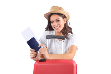 Young tourist girl in summer casual clothes, with sunglasses, red suitcase, passport isolated on...