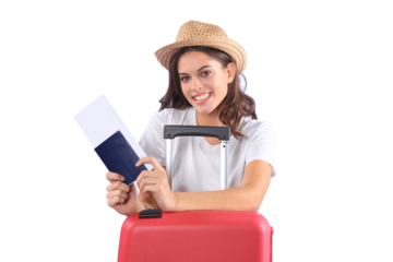Young tourist girl in summer casual clothes, with sunglasses, red suitcase, passport isolated on purple background