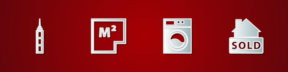 Set Skyscraper, House plan, Washer and Hanging sign with text Sold icon. Vector