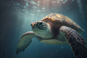 Fototapeta premium Sea turtle swims under water tro with generative AI technology