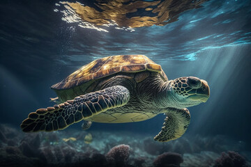 Sea turtle swims under water tro with generative AI technology