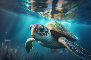 Fototapeta premium Sea turtle swims under water tro with generative AI technology