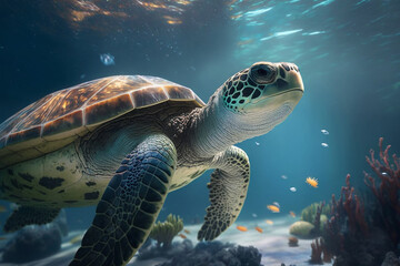 Fototapeta premium Sea turtle swims under water tro with generative AI technology