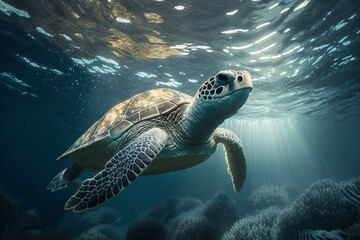 Obraz premium Sea turtle swims under water tro with generative AI technology