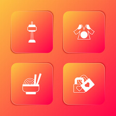 Set N Seoul tower in South Korea, Kimono, Asian noodles bowl and Lock with heart icon. Vector