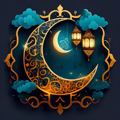 Experience the ultimate luxury this Eid al-Fitr with a mesmerizing blue crescent moon adorned with elegant lanterns and surrounded by fluffy clouds, a breathtaking sight for all, generated by AI
