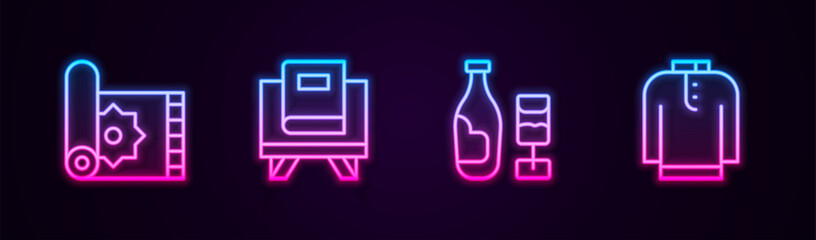 Set line Traditional carpet, Holy book of Koran, Wine bottle with glass and Shirt kurta. Glowing neon icon. Vector