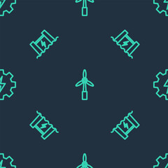 Set line Wind turbine, Hydroelectric dam and Gear and lightning on seamless pattern. Vector