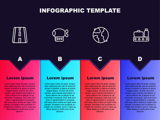 Set line Airport runway, Airship, Worldwide and Conveyor belt with suitcase. Business infographic template. Vector