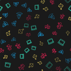 Set line Toy boat, Laptop, Whirligig toy and Slingshot on seamless pattern. Vector