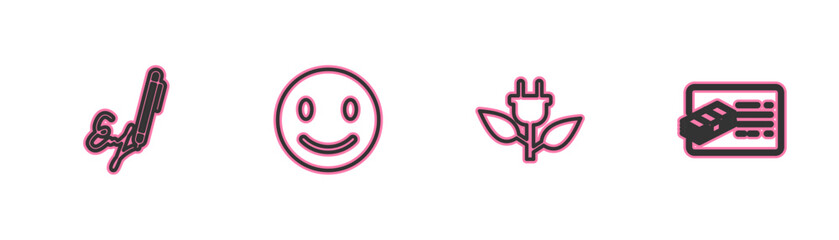 Set line Signature, Electric saving plug in leaf, Smile face and Financial document icon. Vector