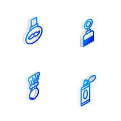 Set Isometric line Hairbrush, Beard and mustaches care oil bottle, Shaving and Aftershave with atomizer icon. Vector