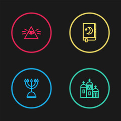 Set line Hanukkah menorah, Church building, Holy book of Koran and Masons icon. Vector