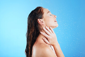 Water, shower and washing profile of woman in studio for skincare, wellness and clean body for self...
