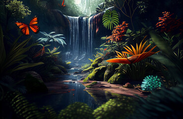Obraz na płótnie Canvas Beautiful nature scene of forest, butterflies in a natural jungle environment landscape, colorful yet calm art with waterfall and wilderness - AI Generated