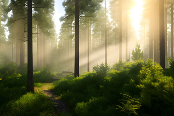 photo hyper realistic style, high detail photo of pine forest with a path, beautiful, bright lighting, soft natural, perfect light, octane rendering, sharp focus, studio photo, intricate details, high