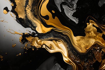 Close-up shot of abstract texture, black, gold and white ink,