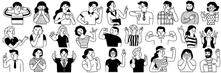 Cute character illustration of different people with various hand sign, gesture, emotions expression. Outline, thin line art, hand drawn sketch, black and white ink style. Big set. 