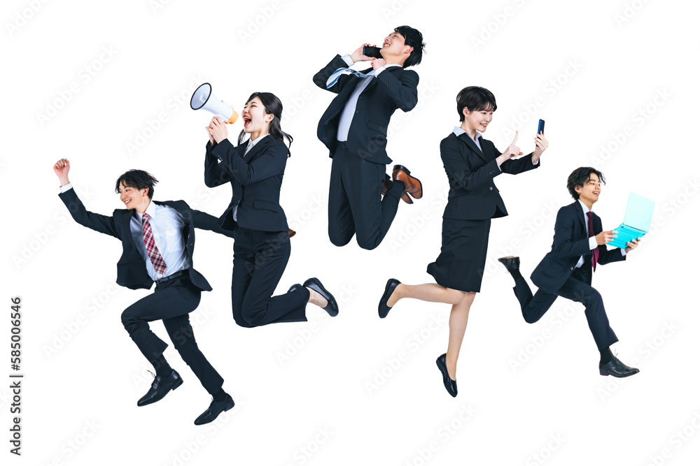 Aufkleber ジャンプする若いビジネスパーソンのグループ　背景透過png　（1人ずつの画像も販売しております。作成者リンクからpngで検索してください）