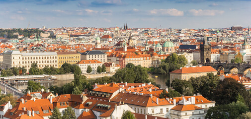 Naklejka na ściany i meble Panoramic view over the old town and Charles bridge in Prague, Czech Republic