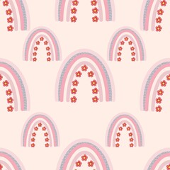 Beautiful boho rainbow seamless pattern with spring flowers. Wedding decoration,birthday card,scrapbook,baby shower decoration, etc.