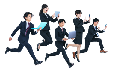 デジタルデバイスを持ってジャンプする若いビジネスパーソンのグループ　背景透過PNG　（1人ずつのPNG画像も販売しております。作成者リンクからPNGで検索してください）