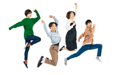 元気にジャンプする若者のグループ　背景透過PNG　（1人ずつの画像も販売しております。作成者リンクからPNGで検索してください）