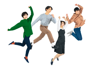 元気にジャンプする若者のグループ　背景透過PNG　（1人ずつのPNG画像も販売しております。作成者リンクからPNGで検索してください）
