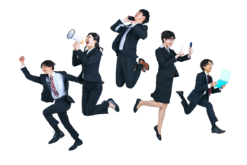 ジャンプする若いビジネスパーソンのグループ　背景透過PNG　（1人ずつの画像も販売しております。作成者リンクからPNGで検索してください）