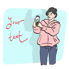 line art woman in pink shirt taking selfie on blue background illustration vector hand drawn isolated on white background