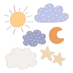 Tuinposter Set of cute cloud, star, sun and moon. Flat style illustrations. Template for children design. Isolated vector illustration © Екатерина Грачева