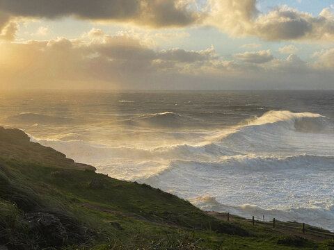Scenery of giant waves during sunset in Nazare, Portugal