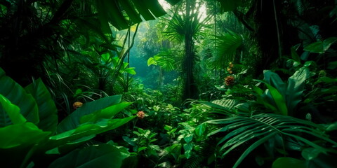 Lush green foliage in a tropical rainforest background Generative AI