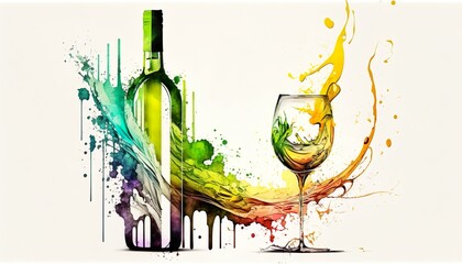 A white wine bottle and a glass of white wine with motion, abstract watercolor illustration. Generative AI - obrazy, fototapety, plakaty